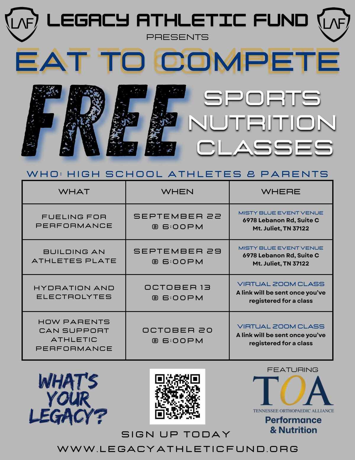Eat To Compete - Free Sports Nutrition Classes for high school athletes and parents, September-October 2026