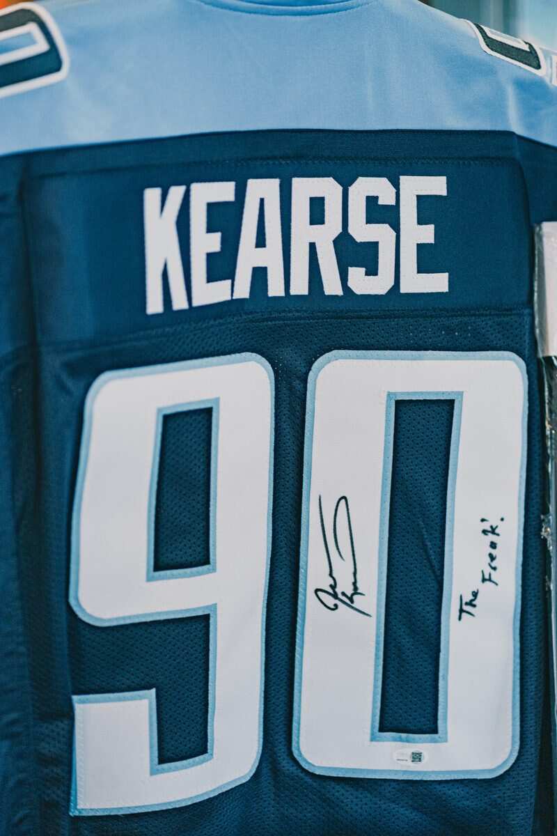 Signed Jevon Kearse Tennessee Titans jersey on display at the silent auction