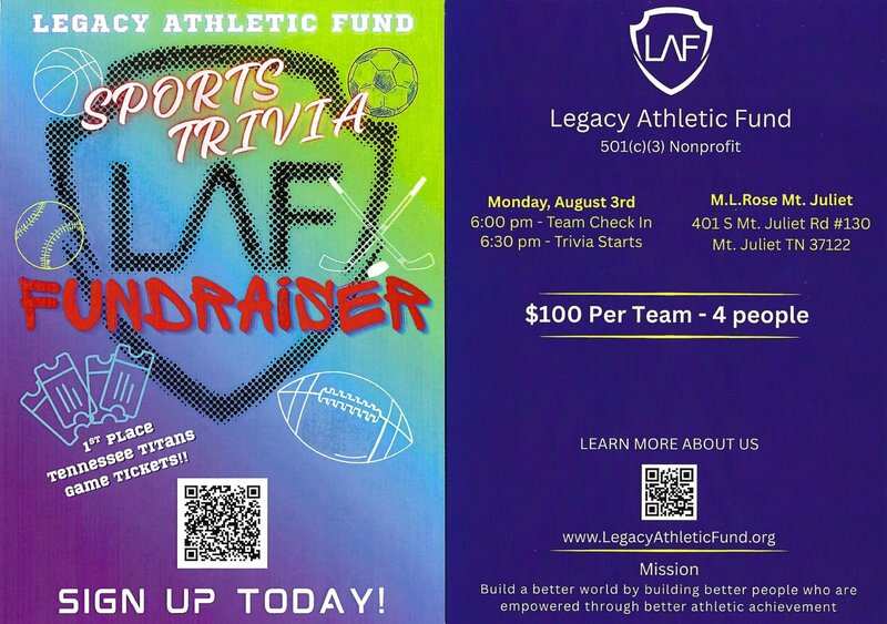 LAF Sports Trivia Fundraiser flyer - Monday August 3rd at M.L. Rose Mt. Juliet, $100 per team of 4, 1st place wins Tennessee Titans game tickets